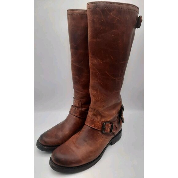 Frye Boots Woman 7 Distressed Zipper Buckles Brown Leather 4001 - Picture 1 of 16